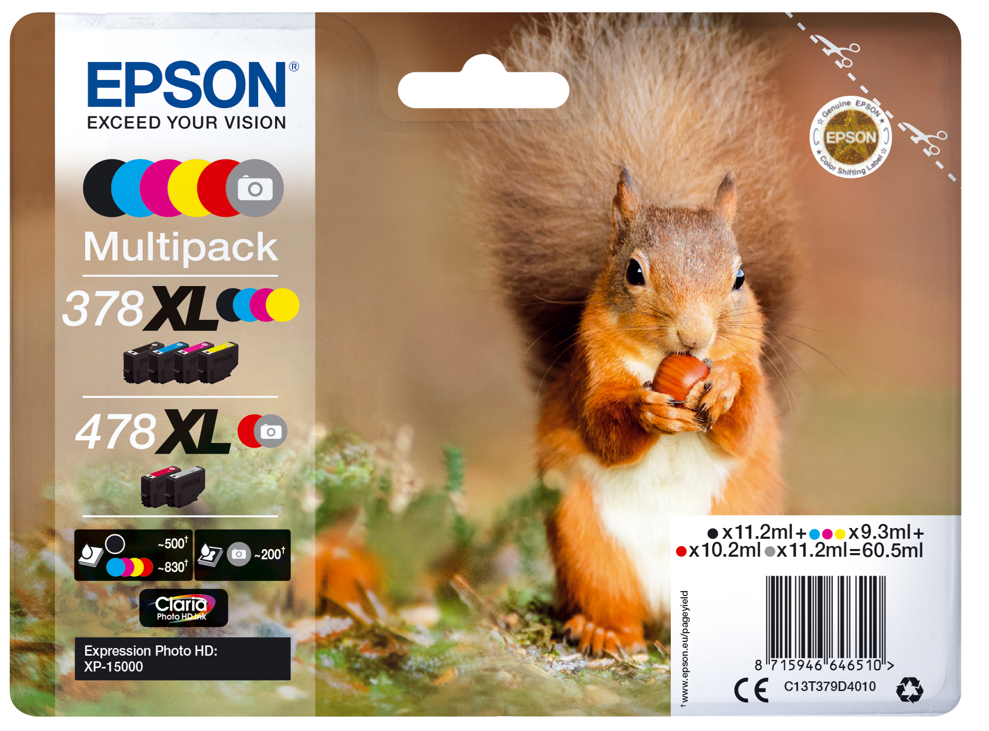 Epson C13T379D4010/378XL/478XL Ink cartridge multi pack high-capacity Bk,C,M,Y,R,GY 11,2ml +3x9,3ml + 10,2ml + 11,2ml Pack=6 for Epson XP-15000 - C13T379D4010